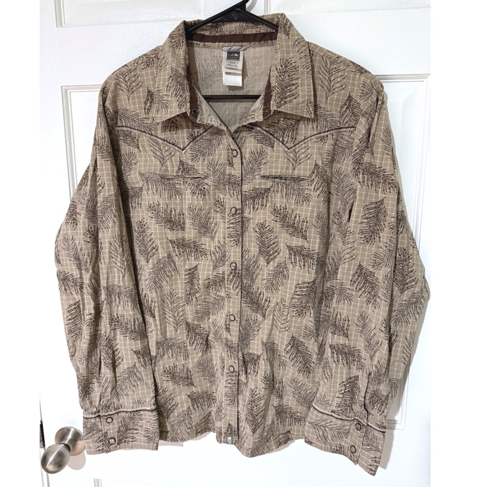 The North Face A5 Series Womens XL Tan Brown Fern Print Western Snap Front Shirt
